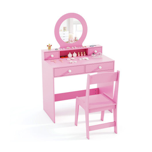 Kids Vanity Set with Mirror Princess Makeup Dressing Desk and Chair Set with Mirror-White