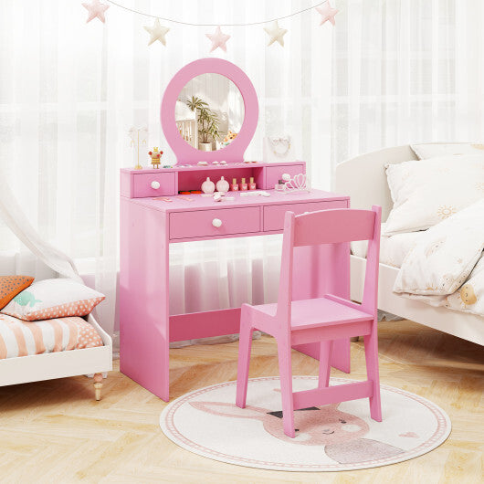 Kids Vanity Set with Mirror Princess Makeup Dressing Desk and Chair Set with Mirror-White