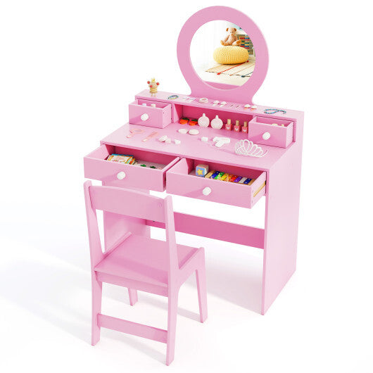Kids Vanity Set with Mirror Princess Makeup Dressing Desk and Chair Set with Mirror-White