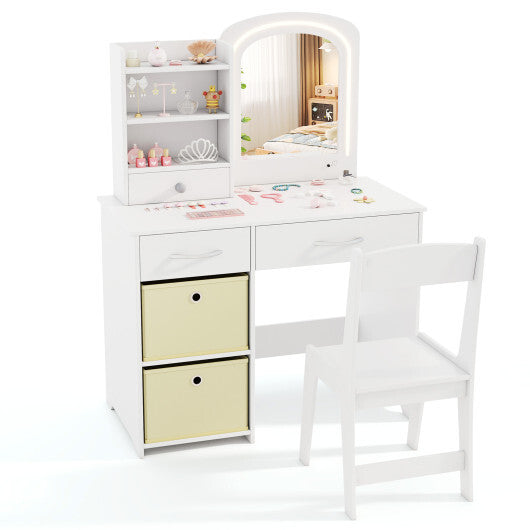 Kids Vanity Set with Lighted Mirror Makeup Desk and Chair Set with Drawers-White W2B