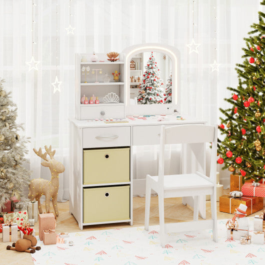 Kids Vanity Set with Lighted Mirror Makeup Desk and Chair Set with Drawers-White W2B