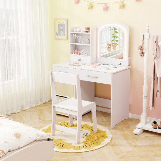Kids Vanity Set with Lighted Mirror Makeup Desk and Chair Set with Drawers-White W2B
