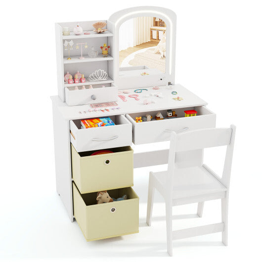 Kids Vanity Set with Lighted Mirror Makeup Desk and Chair Set with Drawers-White W2B