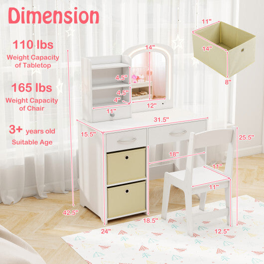 Kids Vanity Set with Lighted Mirror Makeup Desk and Chair Set with Drawers-White W2B