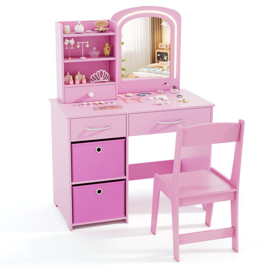 Kids Vanity Set with Lighted Mirror Makeup Desk and Chair Set with Drawers-White W2B