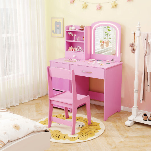 Kids Vanity Set with Lighted Mirror Makeup Desk and Chair Set with Drawers-White W2B
