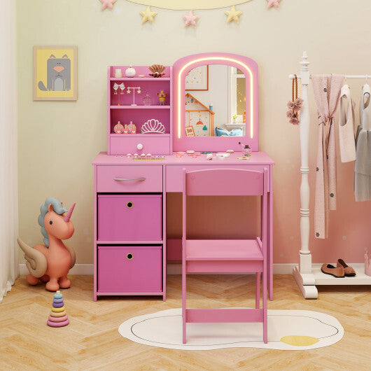 Kids Vanity Set with Lighted Mirror Makeup Desk and Chair Set with Drawers-White W2B