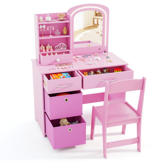 Kids Vanity Set with Lighted Mirror Makeup Desk and Chair Set with Drawers-White W2B