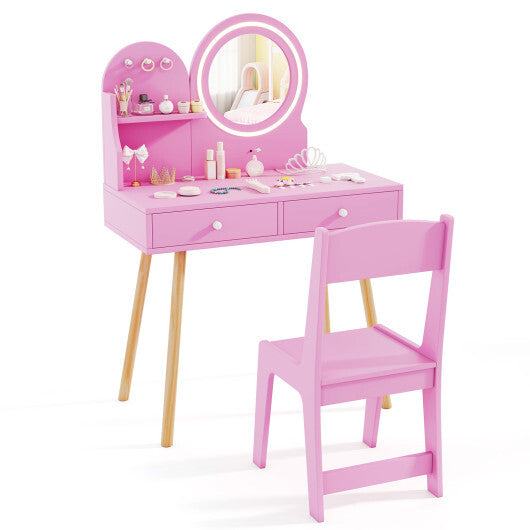 Kids Princess Makeup Dressing Desk and Chair Set with Mirror and Lights-Pink W2B