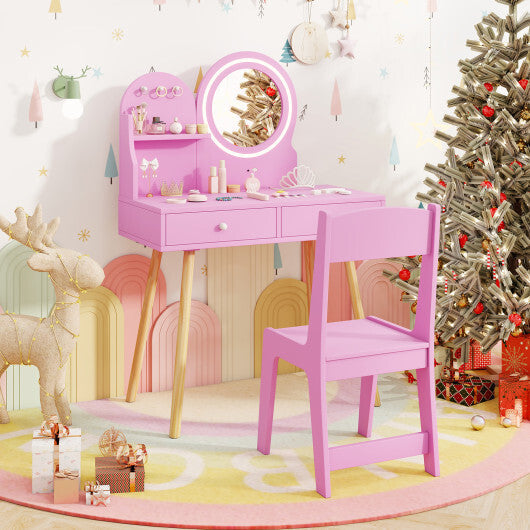 Kids Princess Makeup Dressing Desk and Chair Set with Mirror and Lights-Pink W2B