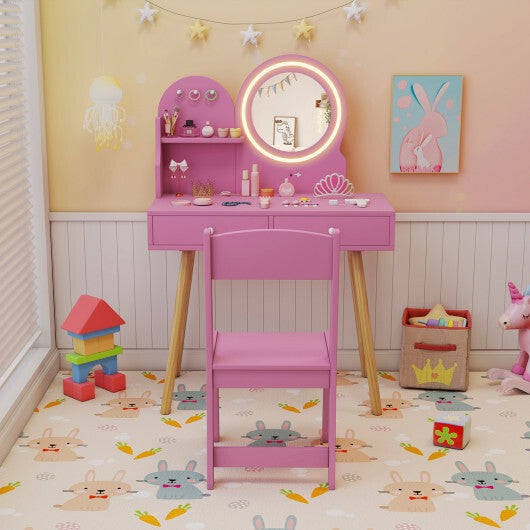 Kids Princess Makeup Dressing Desk and Chair Set with Mirror and Lights-Pink W2B