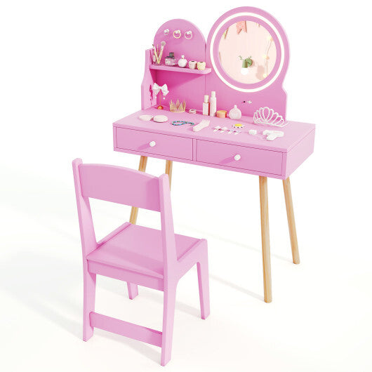 Kids Princess Makeup Dressing Desk and Chair Set with Mirror and Lights-Pink W2B