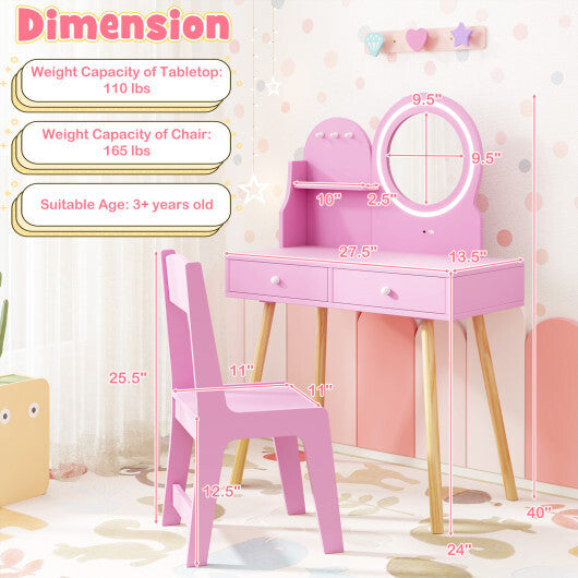 Kids Princess Makeup Dressing Desk and Chair Set with Mirror and Lights-Pink W2B