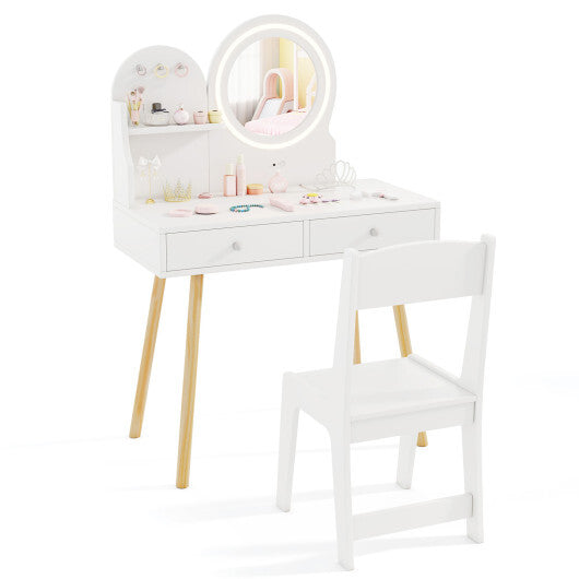 Kids Princess Makeup Dressing Desk and Chair Set with Mirror and Lights-Pink W2B