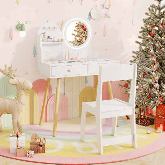 Kids Princess Makeup Dressing Desk and Chair Set with Mirror and Lights-Pink W2B