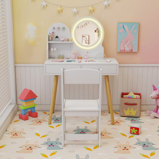 Kids Princess Makeup Dressing Desk and Chair Set with Mirror and Lights-Pink W2B