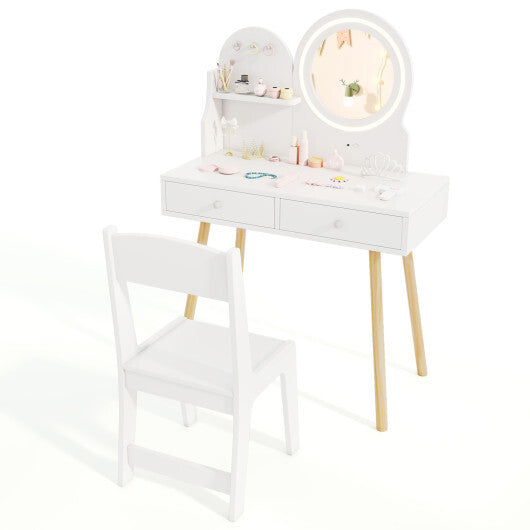 Kids Princess Makeup Dressing Desk and Chair Set with Mirror and Lights-Pink W2B