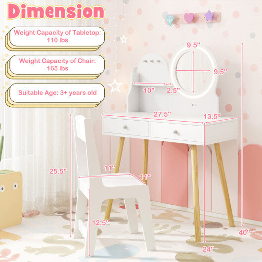 Kids Princess Makeup Dressing Desk and Chair Set with Mirror and Lights-Pink W2B