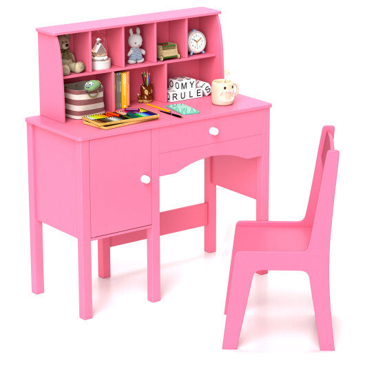 Kids Study Desk and Chair Set with Chair Hutch and Storage Cabinet for 3+ Years Old-Pink