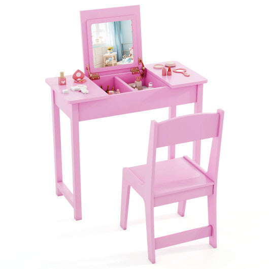 2-in-1 Kids Vanity Makeup Table and Chair Set with Flip Top Mirror-Pink W2B