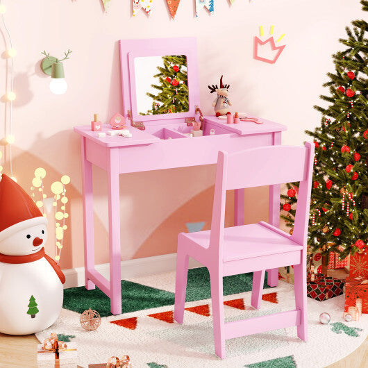 2-in-1 Kids Vanity Makeup Table and Chair Set with Flip Top Mirror-Pink W2B