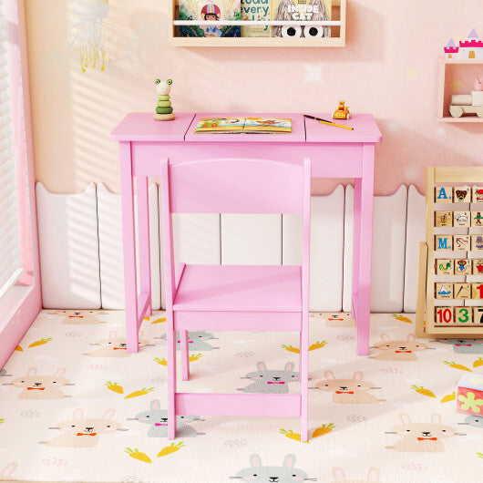2-in-1 Kids Vanity Makeup Table and Chair Set with Flip Top Mirror-Pink W2B