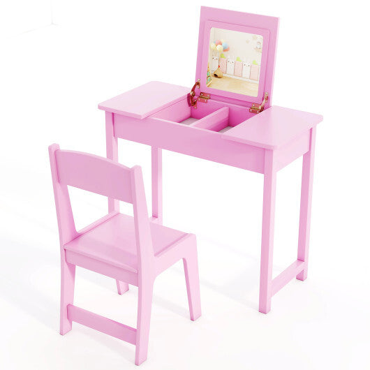 2-in-1 Kids Vanity Makeup Table and Chair Set with Flip Top Mirror-Pink W2B