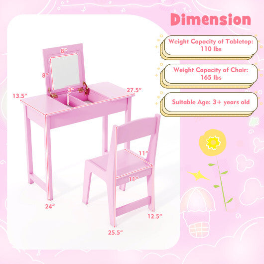 2-in-1 Kids Vanity Makeup Table and Chair Set with Flip Top Mirror-Pink W2B
