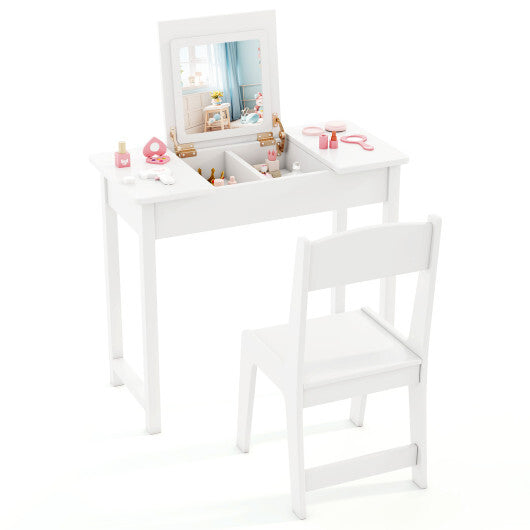 2-in-1 Kids Vanity Makeup Table and Chair Set with Flip Top Mirror-Pink W2B