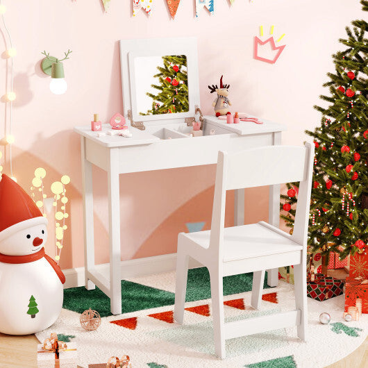 2-in-1 Kids Vanity Makeup Table and Chair Set with Flip Top Mirror-Pink W2B