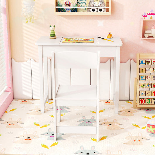 2-in-1 Kids Vanity Makeup Table and Chair Set with Flip Top Mirror-Pink W2B