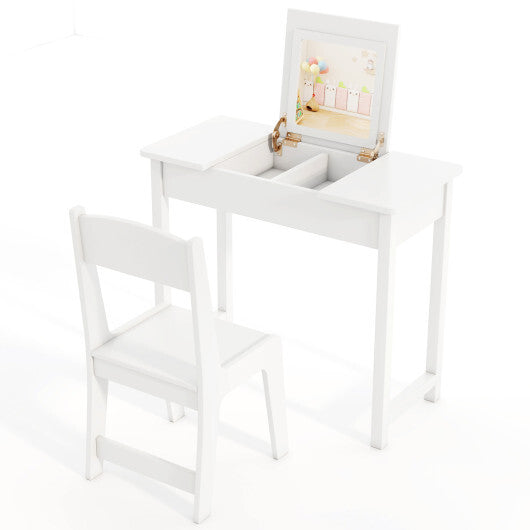 2-in-1 Kids Vanity Makeup Table and Chair Set with Flip Top Mirror-Pink W2B