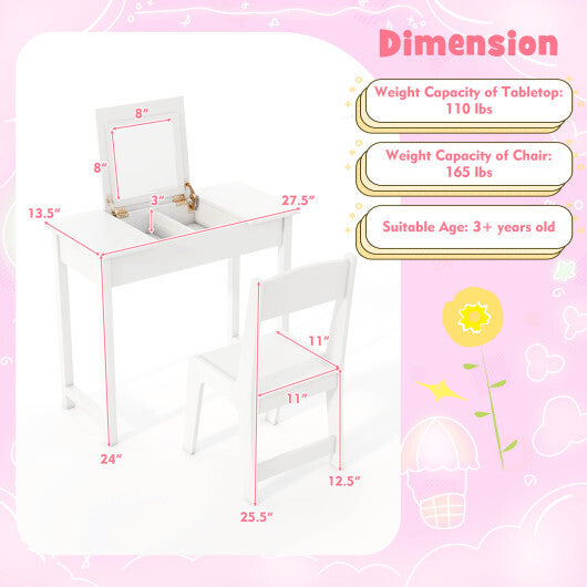 2-in-1 Kids Vanity Makeup Table and Chair Set with Flip Top Mirror-Pink W2B