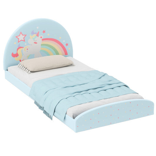 Twin Floor Bed Frame Upholstered Twin Size Kids Floor Bed with 210D Oxford Cloth Floor Mat-Blue W2B