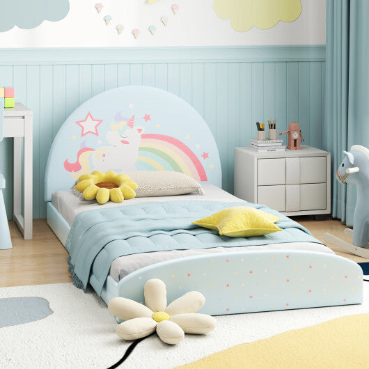 Twin Floor Bed Frame Upholstered Twin Size Kids Floor Bed with 210D Oxford Cloth Floor Mat-Blue W2B