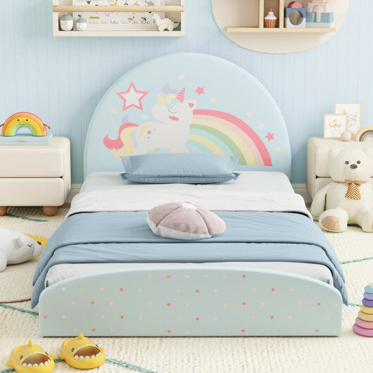 Twin Floor Bed Frame Upholstered Twin Size Kids Floor Bed with 210D Oxford Cloth Floor Mat-Blue W2B