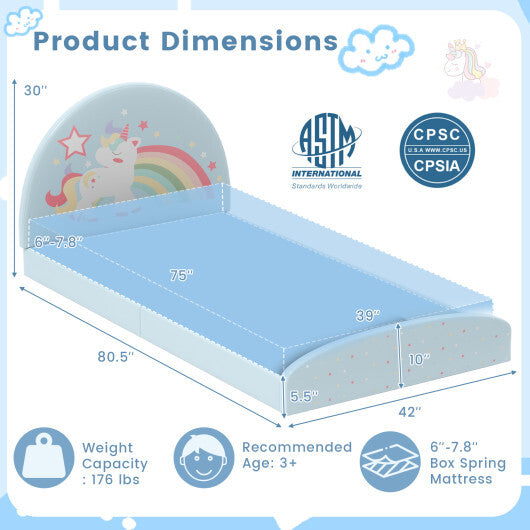 Twin Floor Bed Frame Upholstered Twin Size Kids Floor Bed with 210D Oxford Cloth Floor Mat-Blue W2B