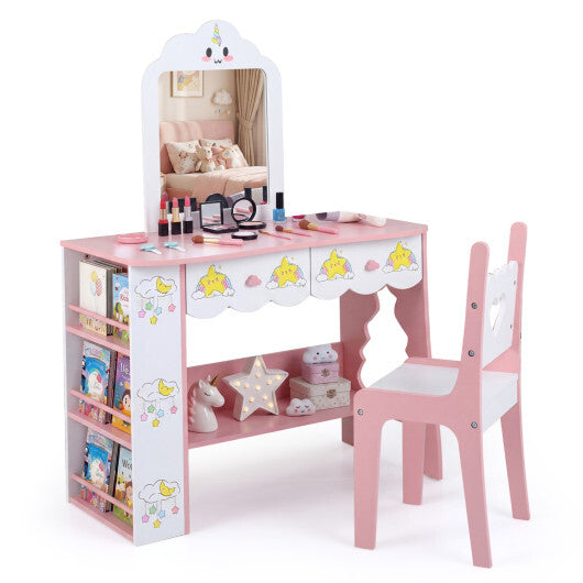 Kids Vanity Set Princess Girls Makeup Table with Mirror and Chair-White W2B