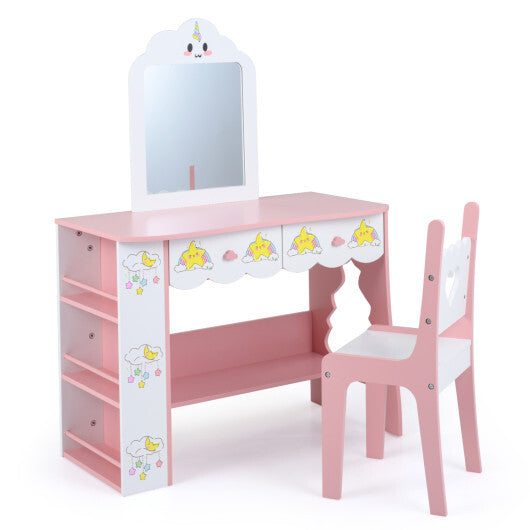Kids Vanity Set Princess Girls Makeup Table with Mirror and Chair-White W2B