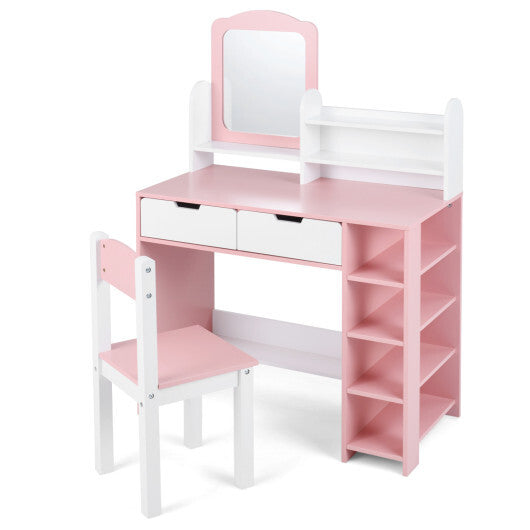 Kids Vanity Set with Chair and Mirror Makeup Dressing Desk with Storage Shelves and Drawers-White & Pink W2B