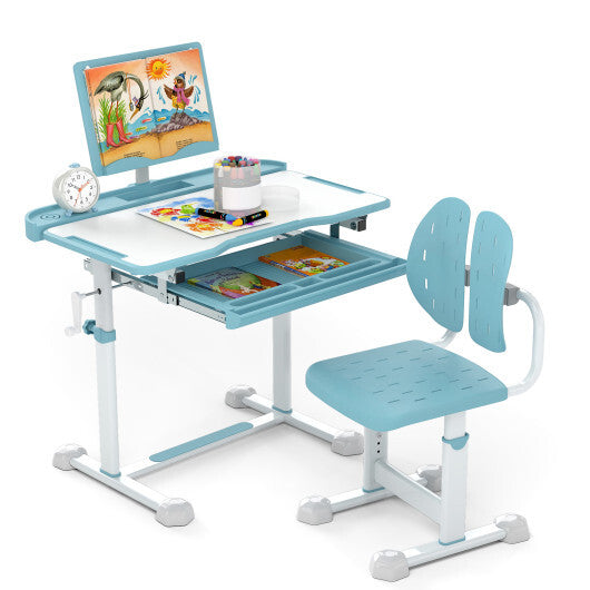 Kid's Study Desk and Chair Set with Tilt Desktop and Book Stand-Blue W2B