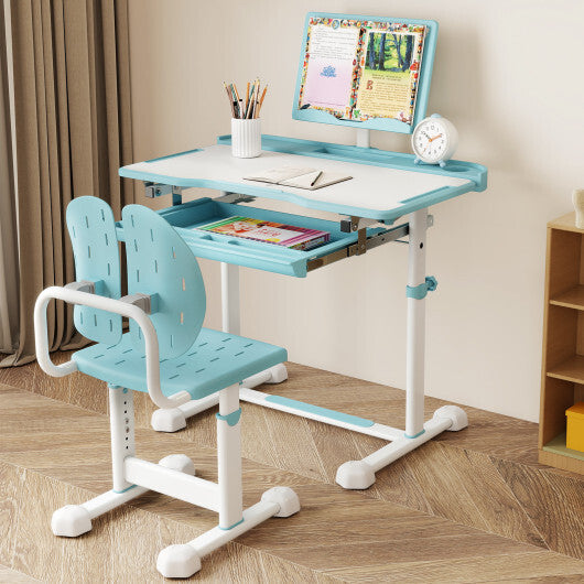 Kid's Study Desk and Chair Set with Tilt Desktop and Book Stand-Blue W2B
