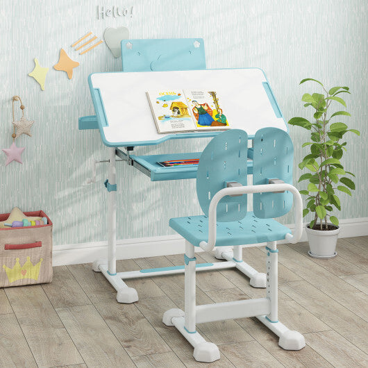 Kid's Study Desk and Chair Set with Tilt Desktop and Book Stand-Blue W2B