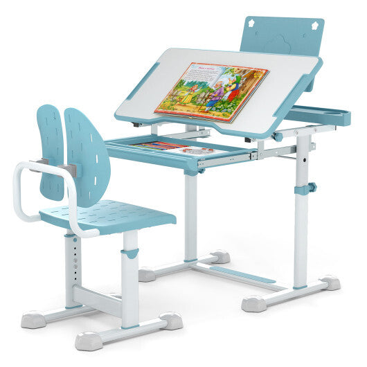Kid's Study Desk and Chair Set with Tilt Desktop and Book Stand-Blue W2B