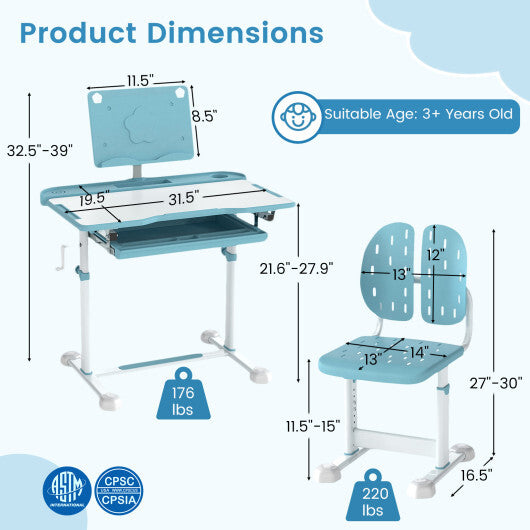 Kid's Study Desk and Chair Set with Tilt Desktop and Book Stand-Blue W2B