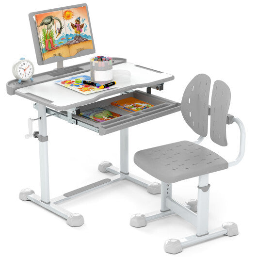 Kid's Study Desk and Chair Set with Tilt Desktop and Book Stand-Blue W2B