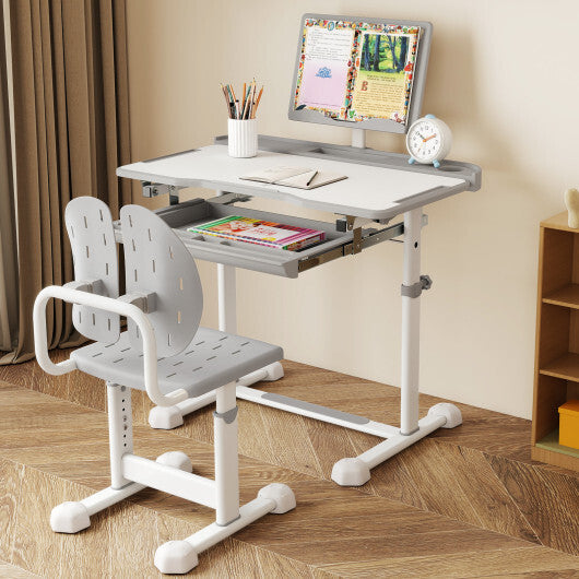 Kid's Study Desk and Chair Set with Tilt Desktop and Book Stand-Blue W2B