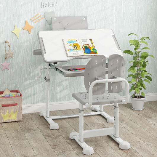 Kid's Study Desk and Chair Set with Tilt Desktop and Book Stand-Blue W2B