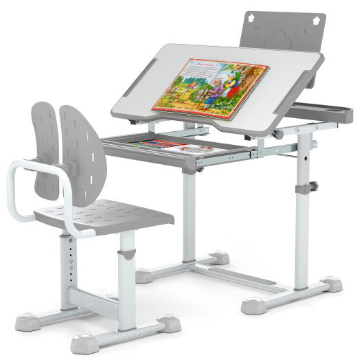 Kid's Study Desk and Chair Set with Tilt Desktop and Book Stand-Blue W2B