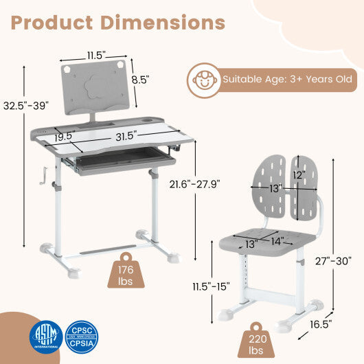 Kid's Study Desk and Chair Set with Tilt Desktop and Book Stand-Blue W2B